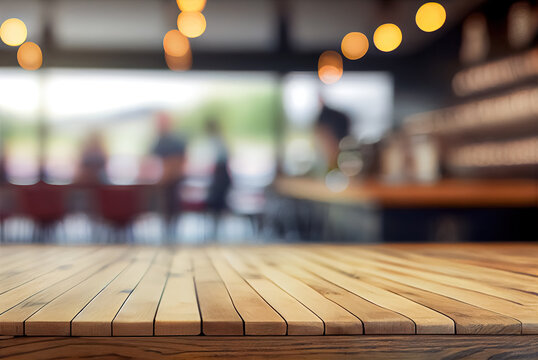 Wooden top table with bokeh light effect and blur restaurant of cafe, coffee shop, bar on blur background. Can used for display or montage your products