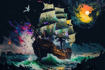 Sailing ship lost in the stromy ocean. fantasy scenery. concept art. - obrazy, fototapety, plakaty