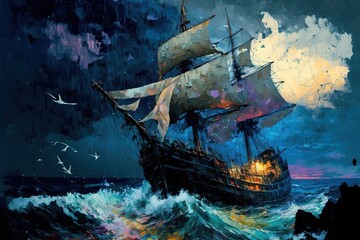 Sailing ship lost in the stromy ocean. fantasy scenery. concept art. - obrazy, fototapety, plakaty