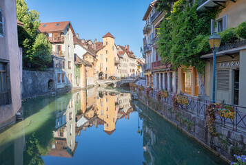 Fototapeta na wymiar ANNECY, FRANCE - JULY 10, 2022: The old town in the morning light.