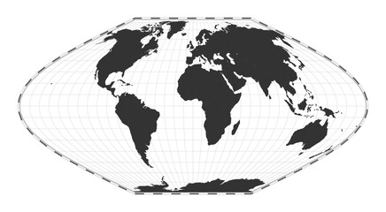 Vector world map. McBryde-Thomas flat-polar sinusoidal equal-area projection. Plan world geographical map with latitude/longitude lines. Centered to 0deg longitude. Vector illustration.