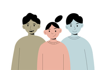 Friends Standing Together.Happy friendship web banner with diverse friend three of people together. Group of abstract diverse people.Cartoon characters.Teamwork, togetherness, friendship concept.