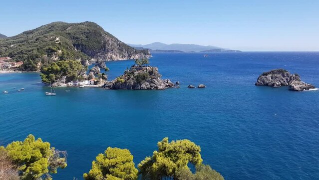 View from the Venetian Castle in the Greek town of Parga on the blue Mediterranean