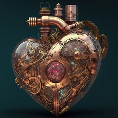 Steampunk mecha robot techno heart. engine with pipes, radiators and wooden hood parts. bike show rock hardcore poster template isolated