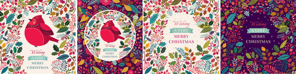 Obraz premium Collection of Christmas illustrations with bullfinch and leaves