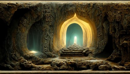 There is a portal in the stone cave. Sunlight enters the cave through the entrance. On the stone are records of people from past eras. 