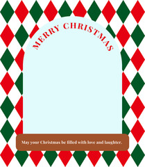 Fototapeta premium Border frame background for December winter festive Christmas concept. It has a red and green combination of rhombus patterns and a 'Merry Christmas' typography.
