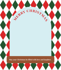 Fototapeta premium Border frame background for December winter festive Christmas concept. It has a red and green combination of rhombus patterns and a 'Merry Christmas' typography.