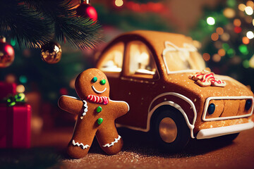 Gingerbread man and gingerbread car under christmas tree with on blur light background. Christmas concept. 3d rendering - obrazy, fototapety, plakaty