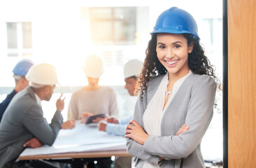 Business meeting, woman and engineer portrait with engineering team for planning strategy, ceo working and collaboration in office. Construction, employee and happy manager smile for teamwork