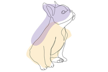 Sitting French bulldog one continuous single drawn line art vector illustration. Dog doodle one line style with colorful spots.