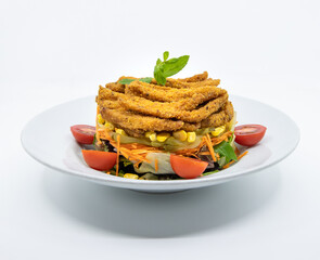 Fresh healthy Crispy chicken diet green salad. Fried chicken with green caesar salad isolated on white