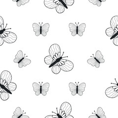 Butterflies vector seamless pattern. Black and white