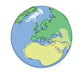 Continuous line art or one line drawing of global vector on white background. Africa and Europe