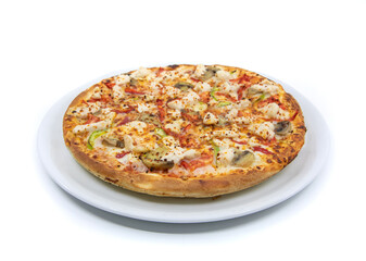Chicken pizza with vegetables from top view isolated on white background