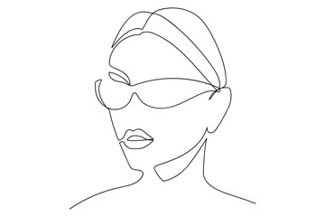 Stylish one continuous line woman in sunglasses. Fashionable typography girl in minimalist style. Beauty sign. Attractive fashion model. Summer fashion. Human avatar in glasses