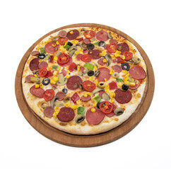 Italian pizza with salami and pepperoni from top view isolated on white background
