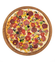 Italian pizza with salami and pepperoni from top view isolated on white background