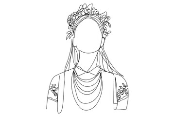 Flower Girl One Line Drawing. Modern Abstract Ukrainian Girl With Flowers Wreath Line Art Minimalist Style. Flower Line Art. Women's line art. Vector Illustration