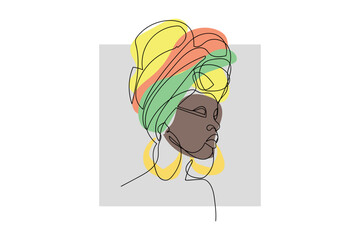 Face of an Afro American woman with a colorful turban in a modern abstract minimalist one line style. Continuous black line simple drawing.