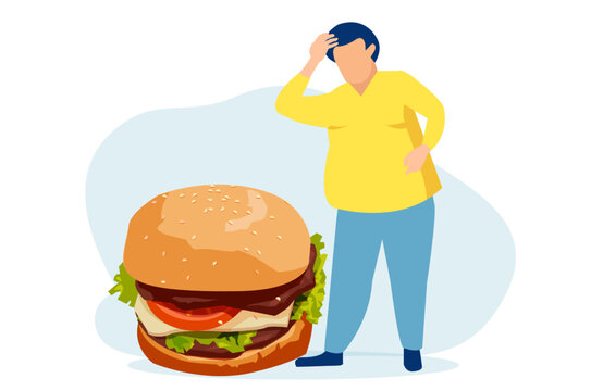 Vector of an overweight young man craving a fatty cheeseburger
