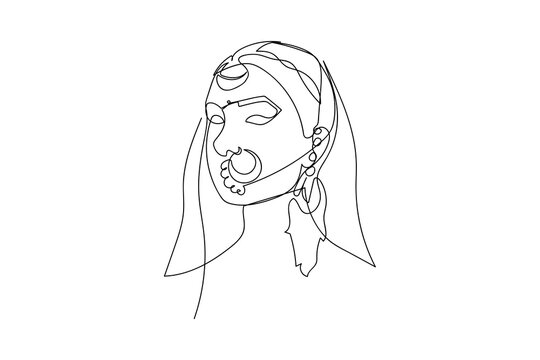 Indian woman in national clothing in a modern one line style.