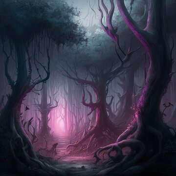 Creep fantasy forest. Mysterious purple magic. 