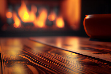 Obraz premium elegant wooden floor with warm fire burning in the background, cozy fireplace background suitable for photo editing and mockups