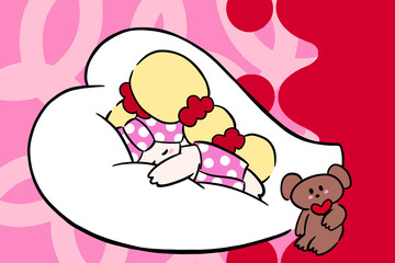大きなクッションの上で眠る少女　イラスト
