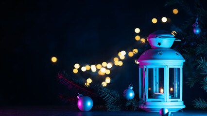 christmas lantern banner with a Christmas tree branch. Copy space winter background. Neon backlight