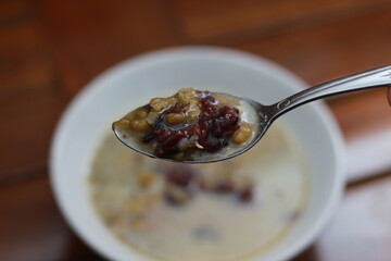 a close up of a bowl of green bean porridge and black sticky rice doused in coconut milk