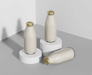 Milk tea in a clear glass bottle, a glass bottle of milk mockup, 3d rendering, 3d modeling