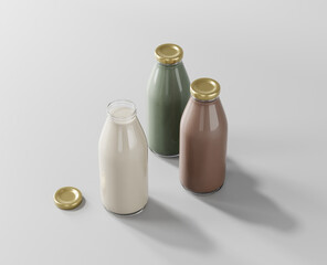 Milk tea in a clear glass bottle, a glass bottle of milk mockup, 3d rendering, 3d modeling