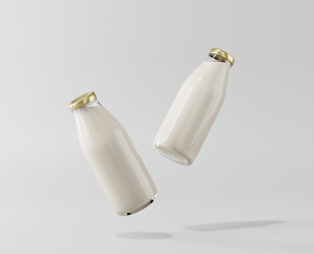 Milk tea in a clear glass bottle, a glass bottle of milk mockup, 3d rendering, 3d modeling