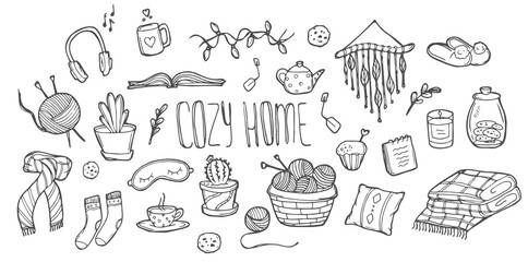 Hand drawn set of home hygge doodles. Coziness and comfortable lifestyle, cozy home. Cushion, house plant, mask for sleep, socks in sketch style. Vector illustration isolated on white background.