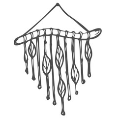 Macrame wall hanging-vector doodle illustration isolate on white background. Modern home element, hygge style, scandinavian interior. Monochrome drawing. Cozy house concept.