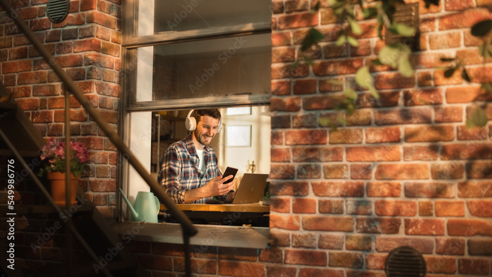 Aufkleber modern freelancer typing on a laptop and checks notification on smartphone. concept of professional 
