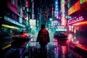Concept art illustration of cyberpunk city at rainy night
