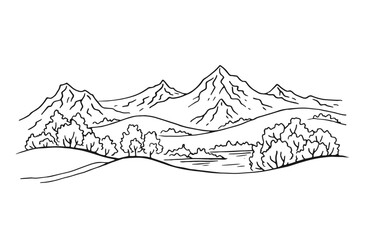 Landscape with mountains and trees. Hand drawn illustration converted to vector.
