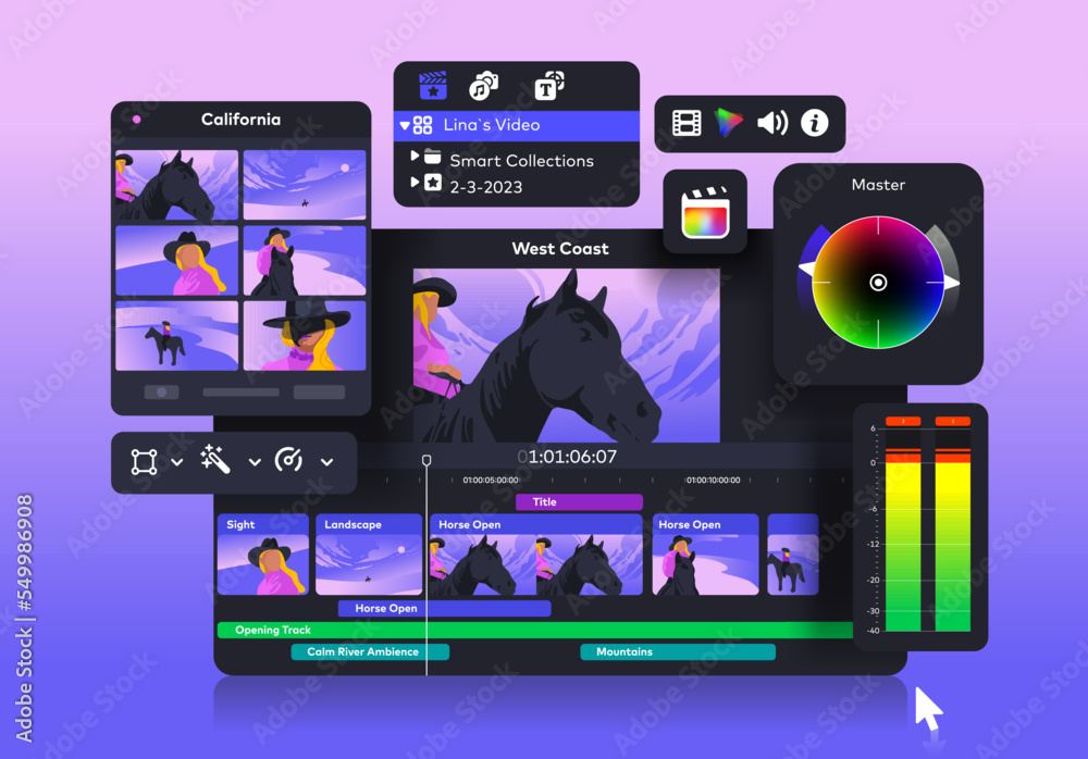 Poster non-linear video editing software program. popular video editor. editing a video project. sound and 