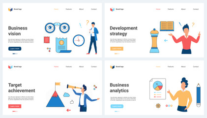 Obraz na płótnie Canvas Business vision, development strategy, business analytics set vector illustration. Cartoon tiny people look for future targets achievement with telescope, analyze financial data of pie chart