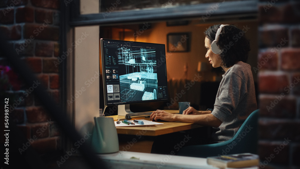 Poster Creative Female 3D Architect Artist Using Desktop Computer with Display Showing CAD Real Estate Project. Brazilian Woman Video Game Developer Creating Gaming Level. View Into the Apartment Window.