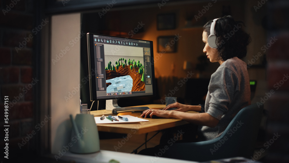 Aufkleber female video game designer works on a new 3d level on personal computer. focused woman creating meta