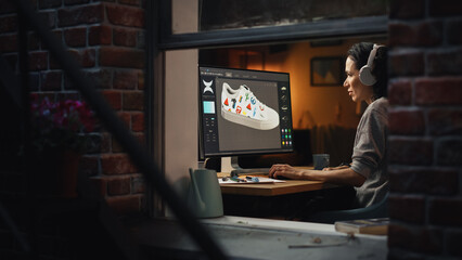 View From Outside The Window in the Apartment: Female Footwear Designer Creating and Rendering 3d Model of Shoe and Working on Desktop Computer. Shoe Production Procedure Concept.