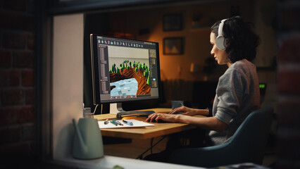 Female Video Game Designer Works on a New 3D Level on Personal Computer. Focused Woman Creating...