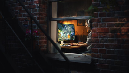 Professional Beautiful Female eSports Gamer Plays 3D Shooter Mockup Video Game with Modern Graphics on Her Powerful Personal Computer. Cyber Gaming Stylish Loft Apartment Room.