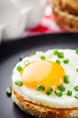 delicious fried egg sandwich on black rustic wooden background