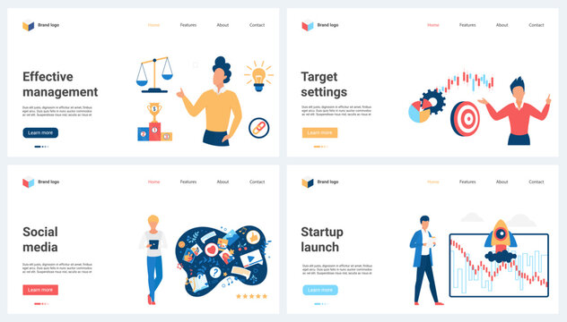 Effective management, startup launch, video photo in social media and target settings set vector illustration. Cartoon tiny people work on project success start and results graphs on report dashboard