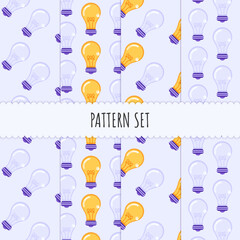 Pattern set. Seamless pattern with bulb lamp icons on purple background for poster, banner, wallpaper. Wrapping Paper Pattern, scrapbook patterns, textile and other design. Light on and off patterns