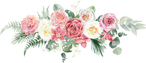 Watercolor floristic bouquet with white roses, eucalyptus, flowers,  green leaves. For invitations, backgrounds, wedding sets, fashion, scrapbooking, digital paper.  © ElenaDoroshArt